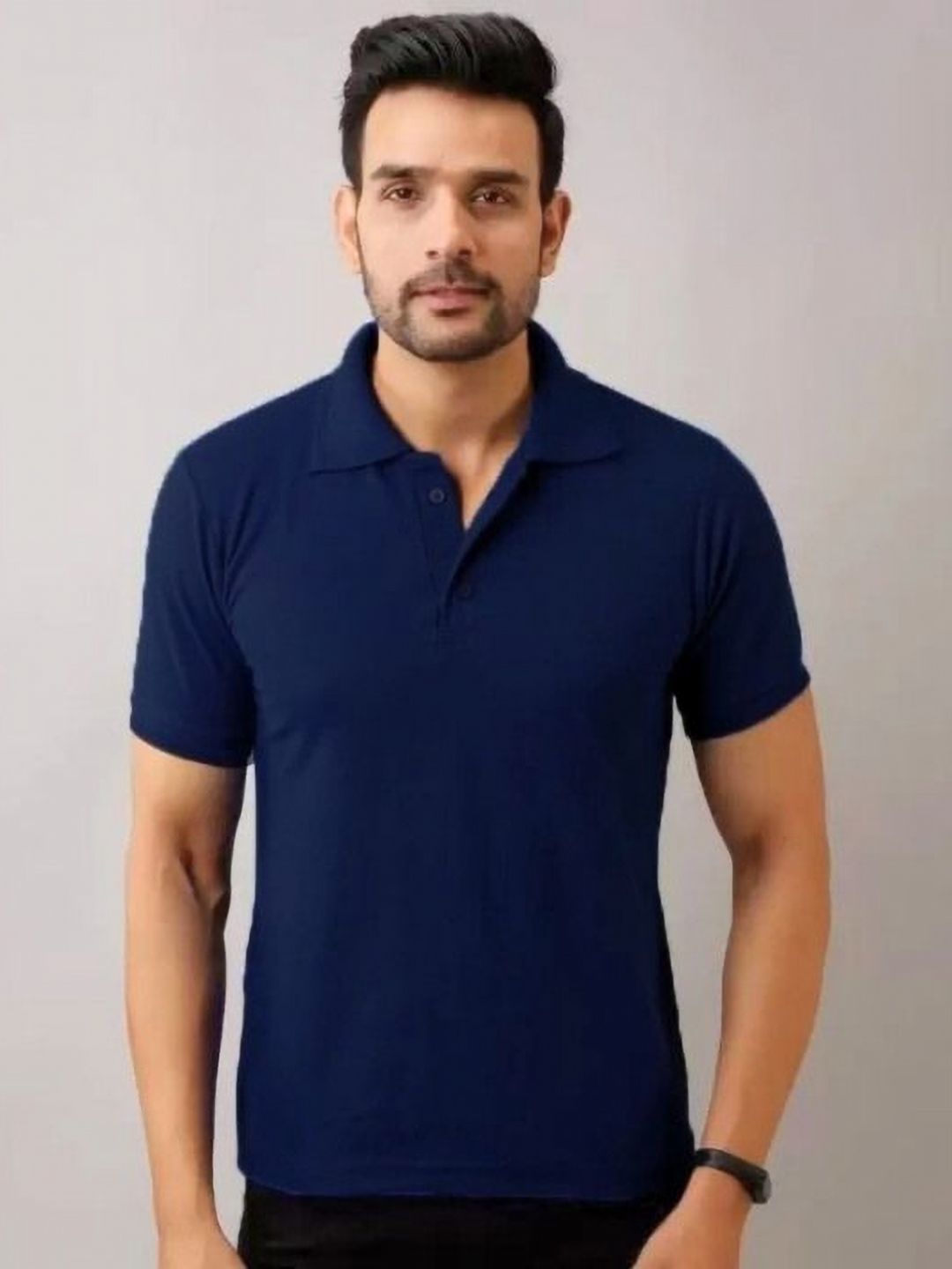 URBANICE Navy Blue Polo Collar Regular Fit T-shirt