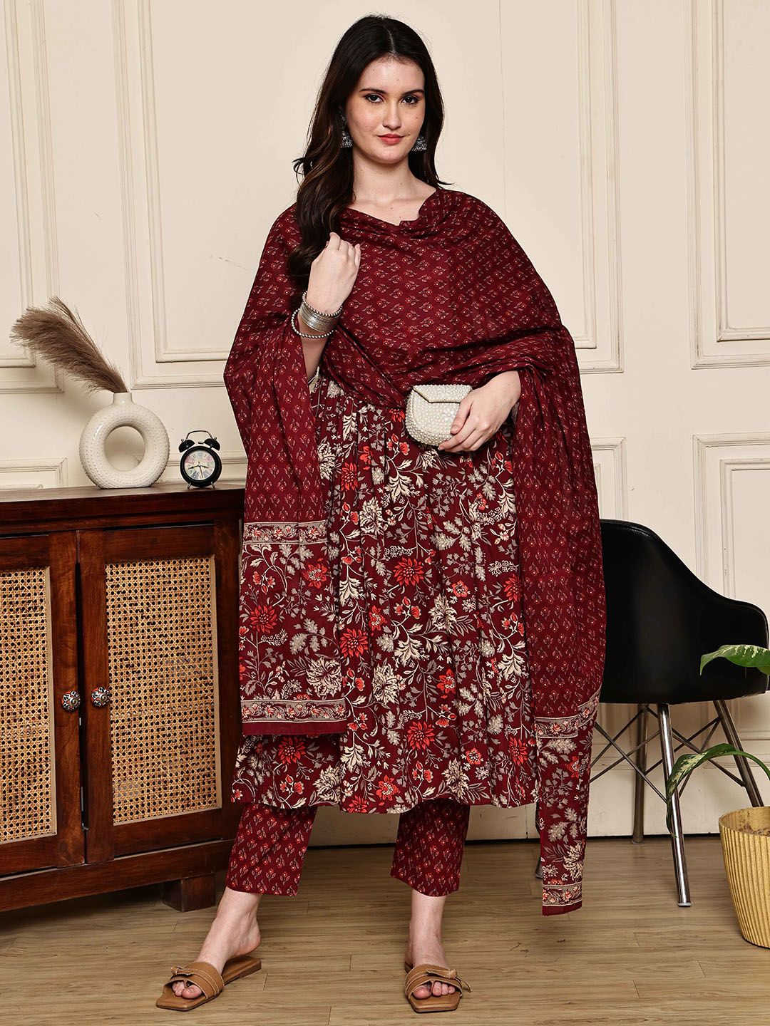 KALINI Women Floral Printed Regular Pure Cotton Kurti with Trousers & With Dupatta