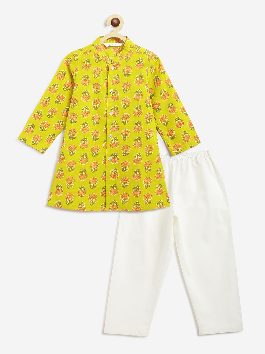 Campana Boys Floral Printed Mandarin Collar Pure Cotton Kurta With Pyjama