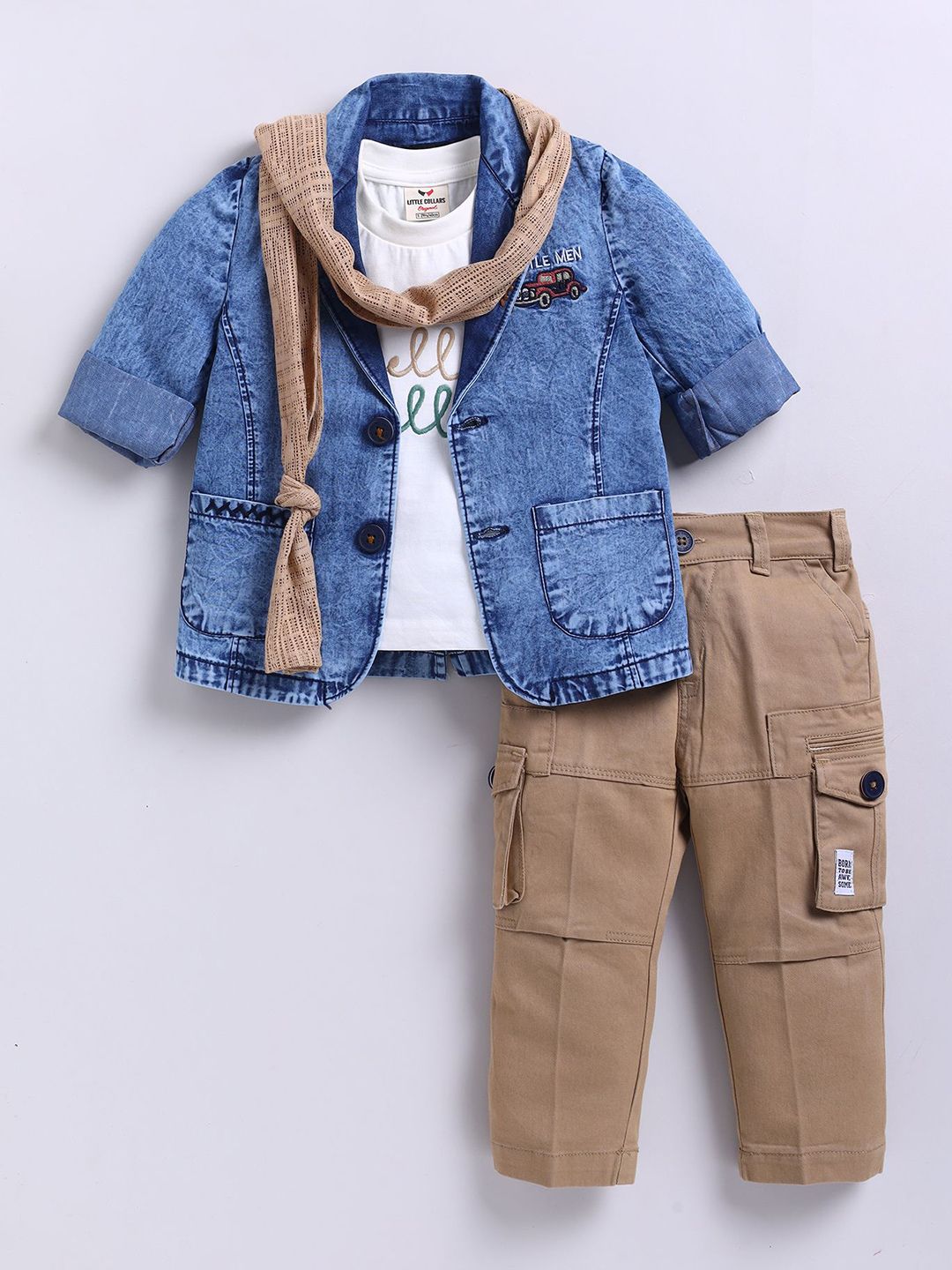 LITTLE COLLARS Boys Embroidered Short Sleeves Pure Cotton T-shirt With Trousers