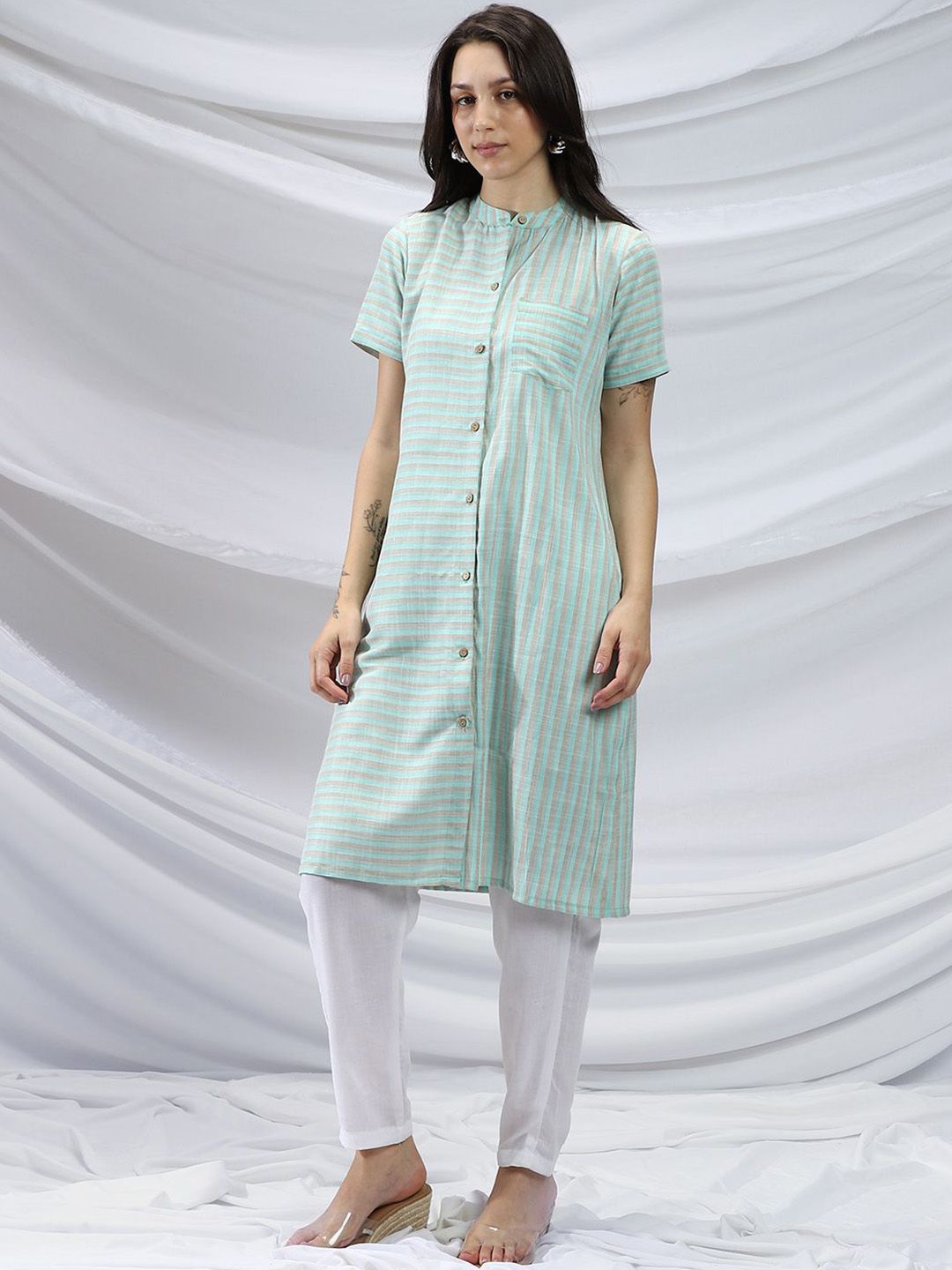 QISSA Beige Striped Band Collar Straight Kurta With Trousers Set