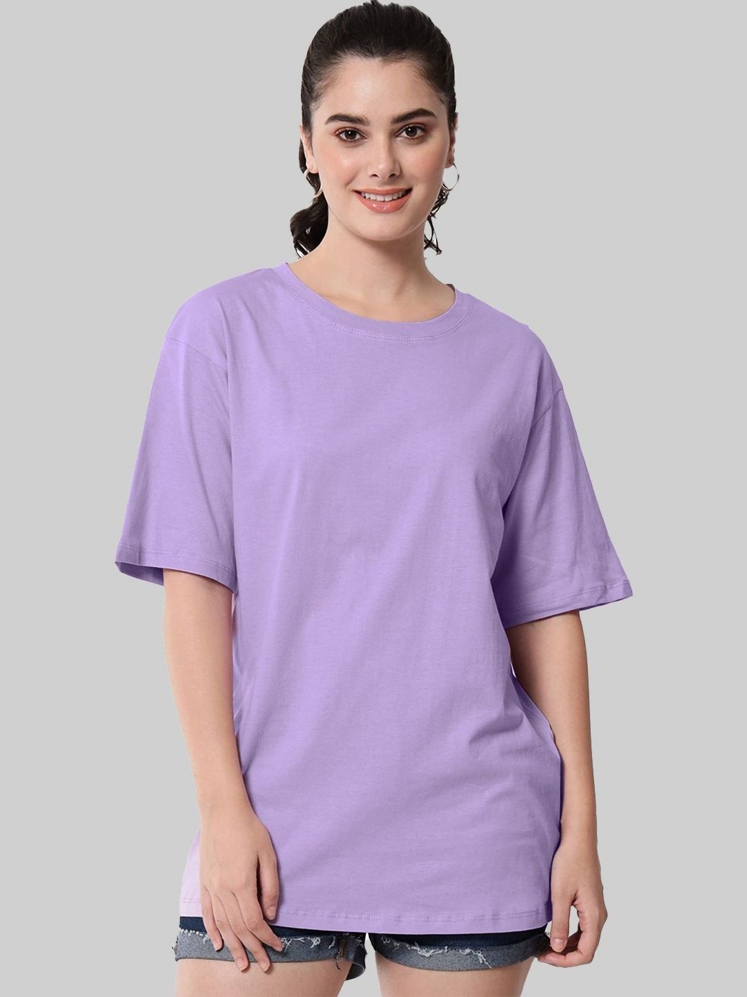 Leotude Women Solid Round Neck Oversized T-shirt