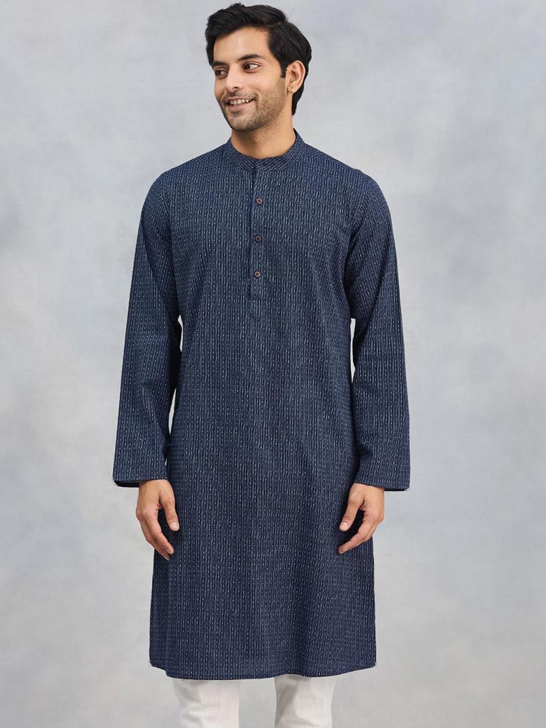 Fabindia Geometric Printed Cotton Dobby Slim Fit Band Collar Straight Kurta