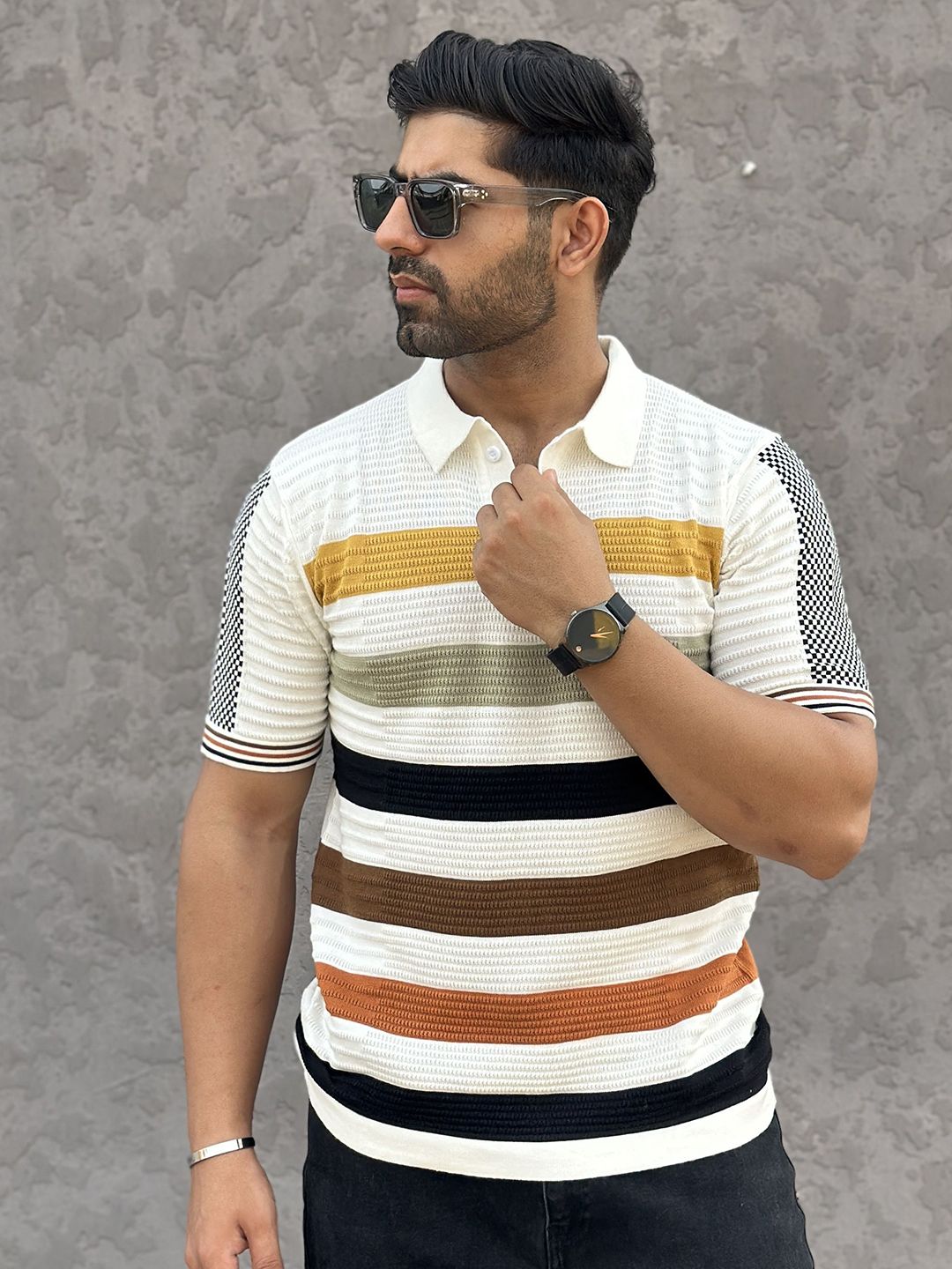 Raimbera Men Striped Polo Collar Cotton Slim Fit T-shirt