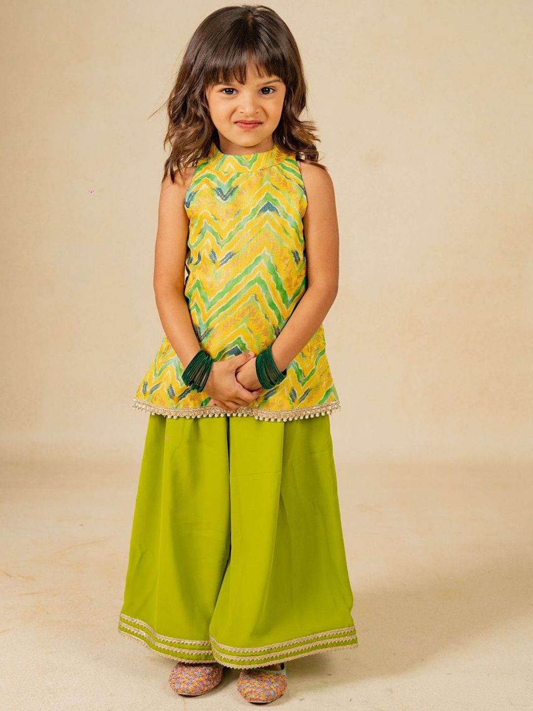 Jilmil Girls Leheriya Printed Gotta Patti Halter Neck Kurti with Palazzos
