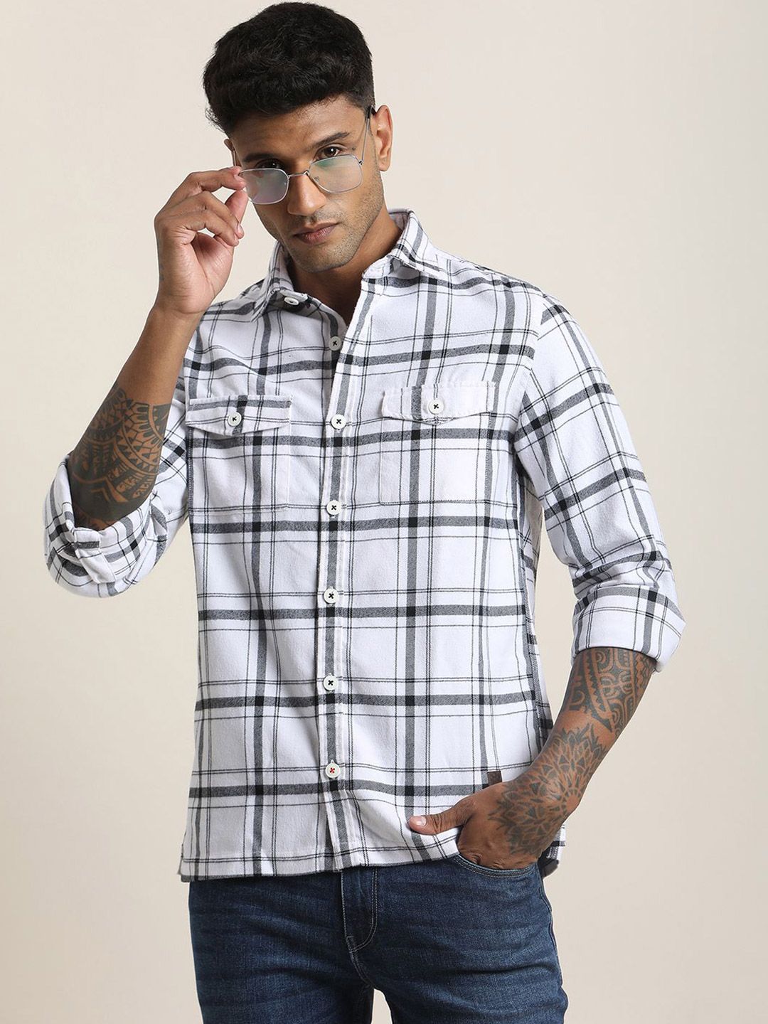 Turtle Men Relaxed Oversized Fit Tartan Checked Spread Collar Casual Shirt