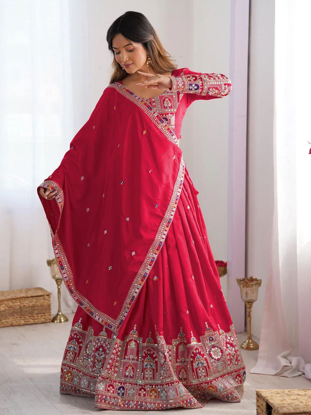 Embroidered Thread Work Semi-Stitched Lehenga & Unstitched Blouse With Dupatta 6