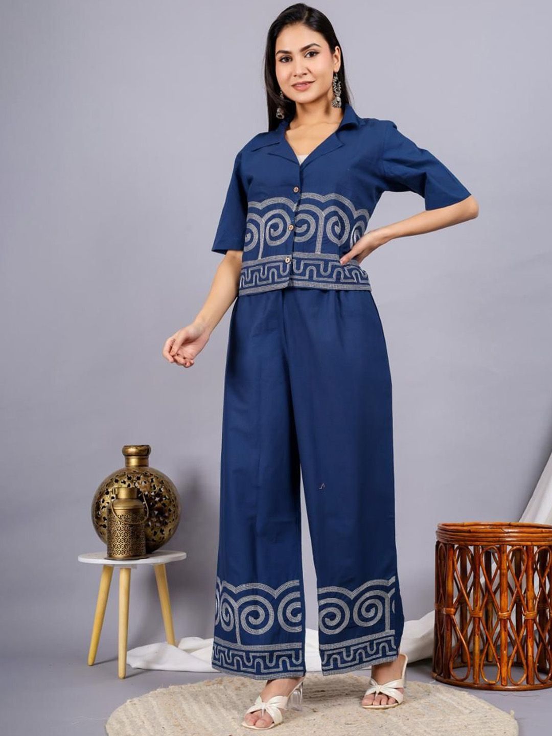 clothonus Embroidered Pure Cotton Shirt Collar Neck Top & Palazzo Co-Ords