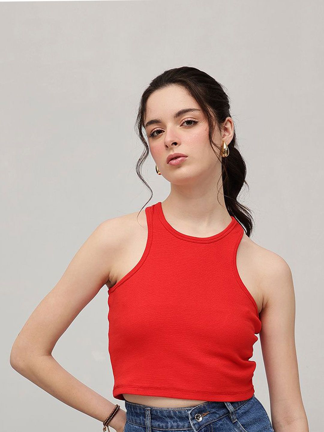 STREET 9 Women Solid Round Neck Sleeveless Cotton Top