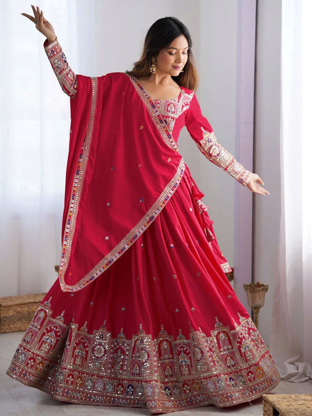 Embroidered Thread Work Semi-Stitched Lehenga & Unstitched Blouse With Dupatta
