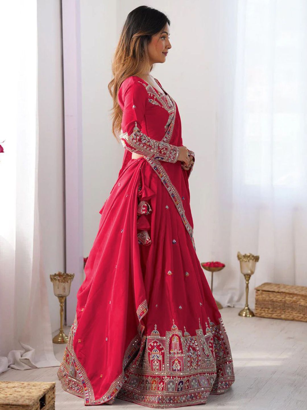 Embroidered Thread Work Semi-Stitched Lehenga & Unstitched Blouse With Dupatta 3