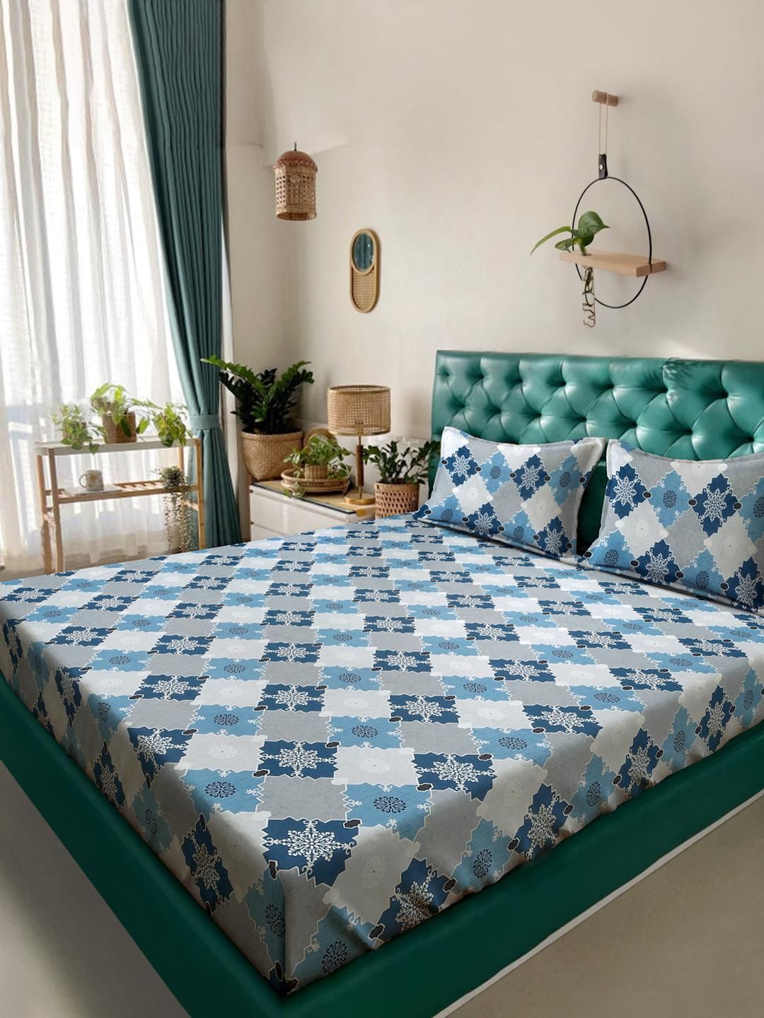 KLOTTHE Blue Ethnic Motifs Pure Cotton 400 TC King Fine Bedsheet with 2 Pillow Covers-98 x 89 inches