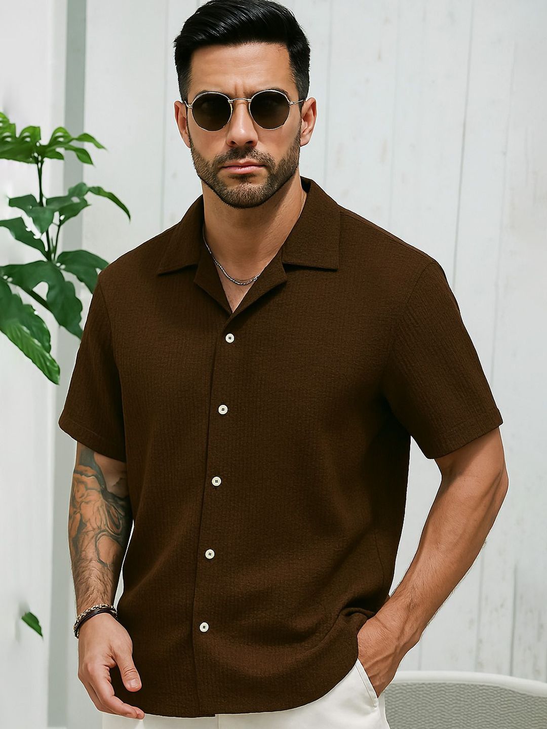 Metronaut Self Design Spread Collar Short Sleeves Classic Shirt