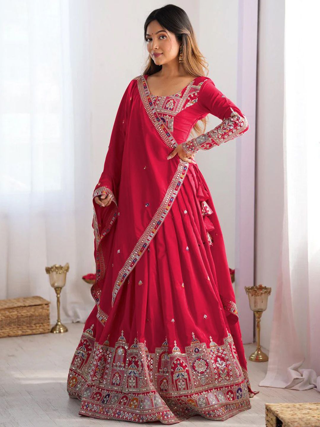 Embroidered Thread Work Semi-Stitched Lehenga & Unstitched Blouse With Dupatta 4