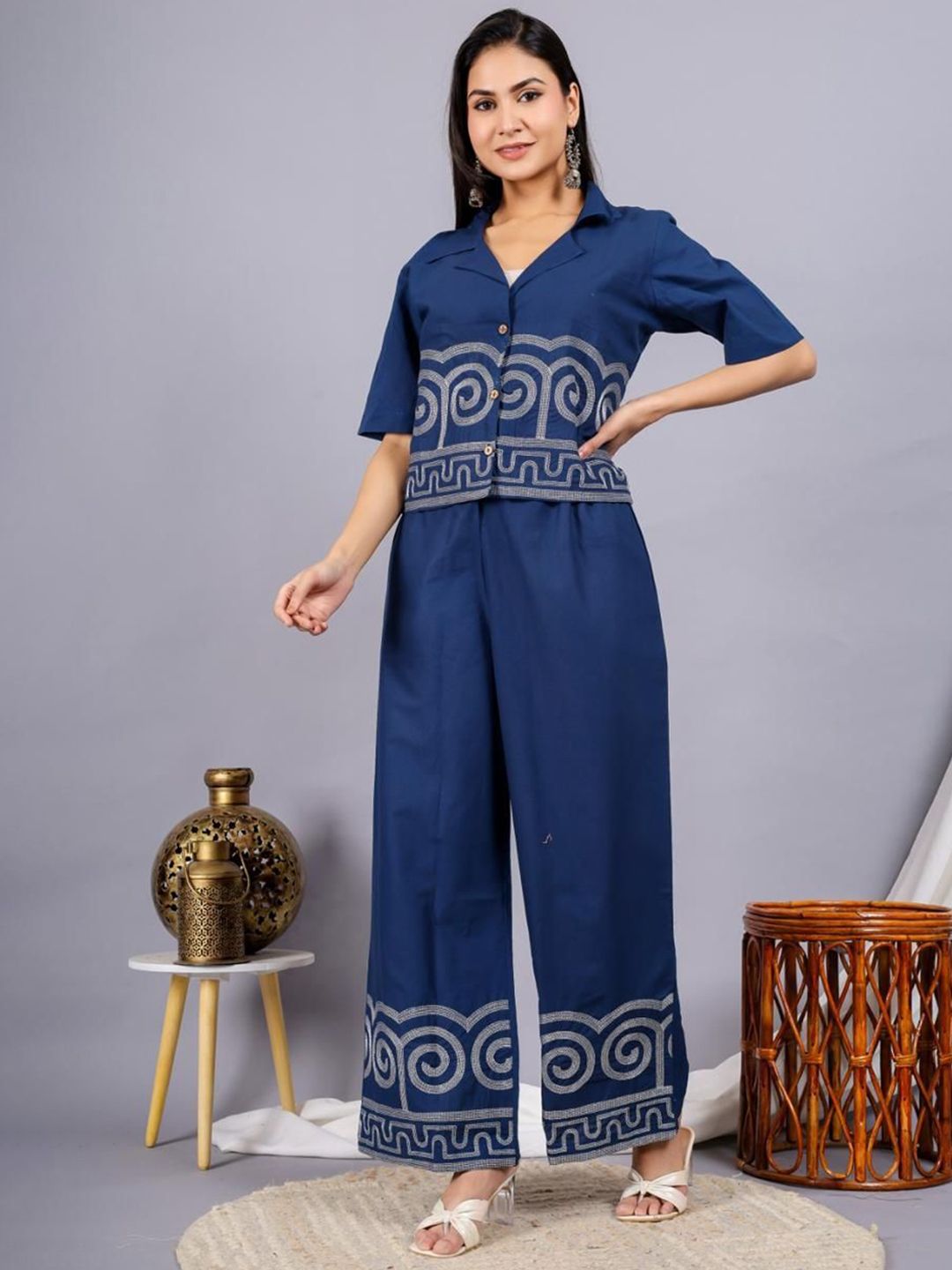 KIAARON Embroidered Shirt Collar Shirt With Trousers Co-Ords Set