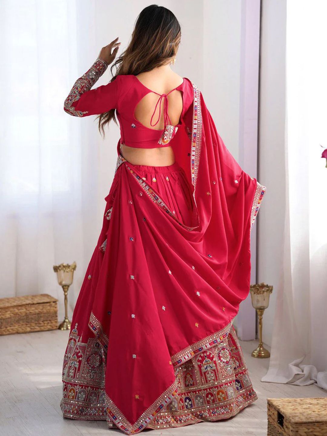 Embroidered Thread Work Semi-Stitched Lehenga & Unstitched Blouse With Dupatta 5