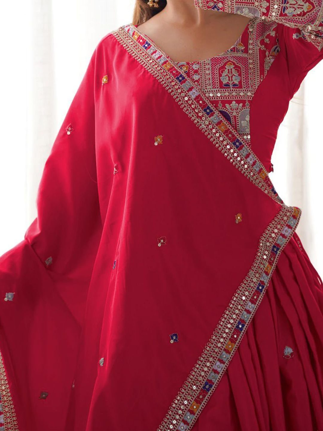 Embroidered Thread Work Semi-Stitched Lehenga & Unstitched Blouse With Dupatta 2