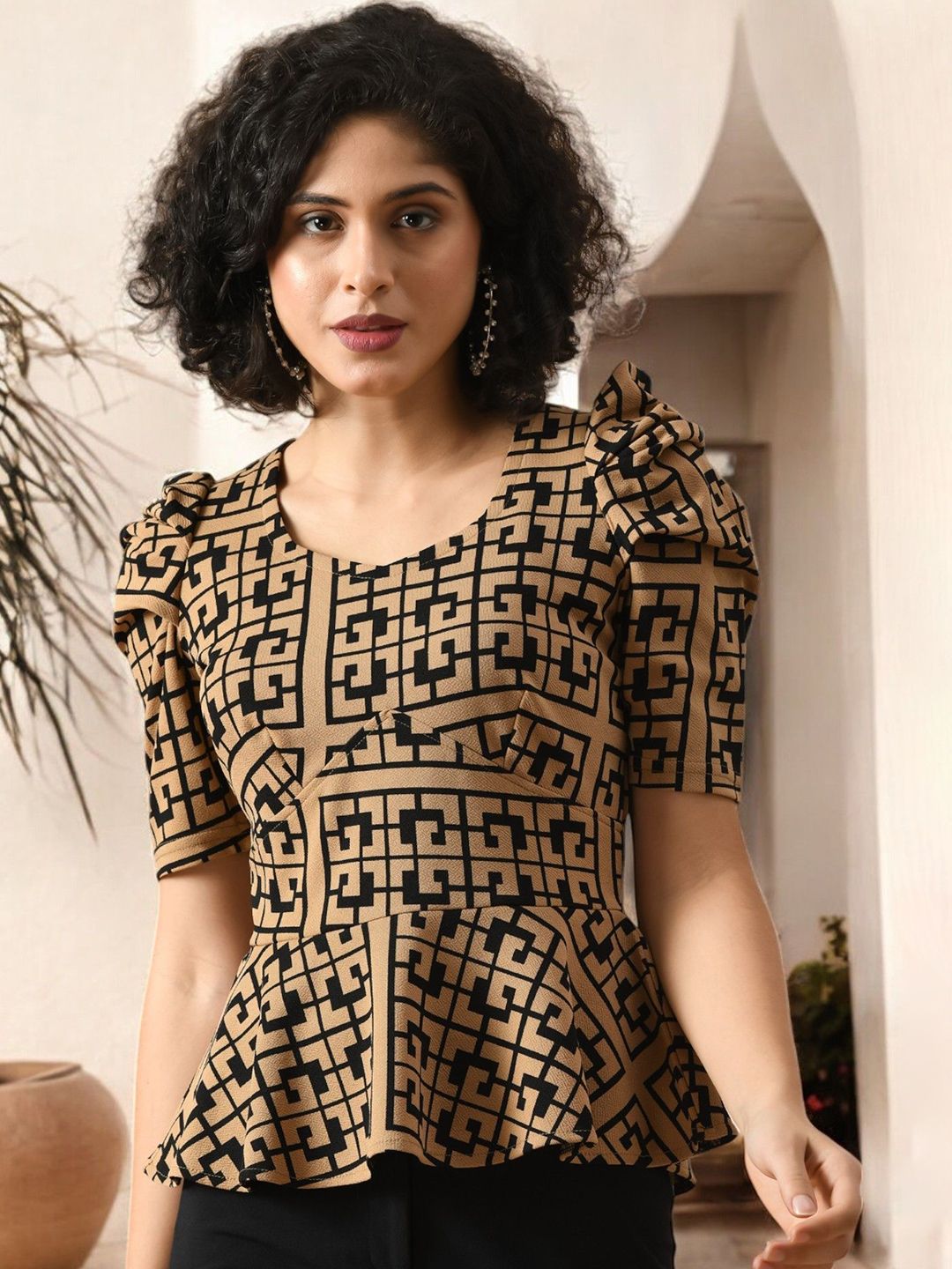 ZEUGEN Geometric Puff Sleeves Peplum Top