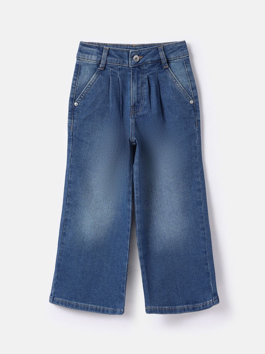 Girls Wide Leg Mid-Rise Low Distress Light Fade Jeans