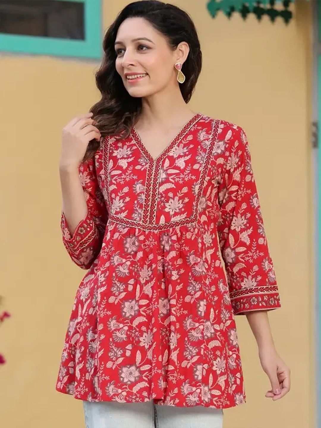 Kamayra Women Floral Printed V-Neck Pure Cotton Tunic