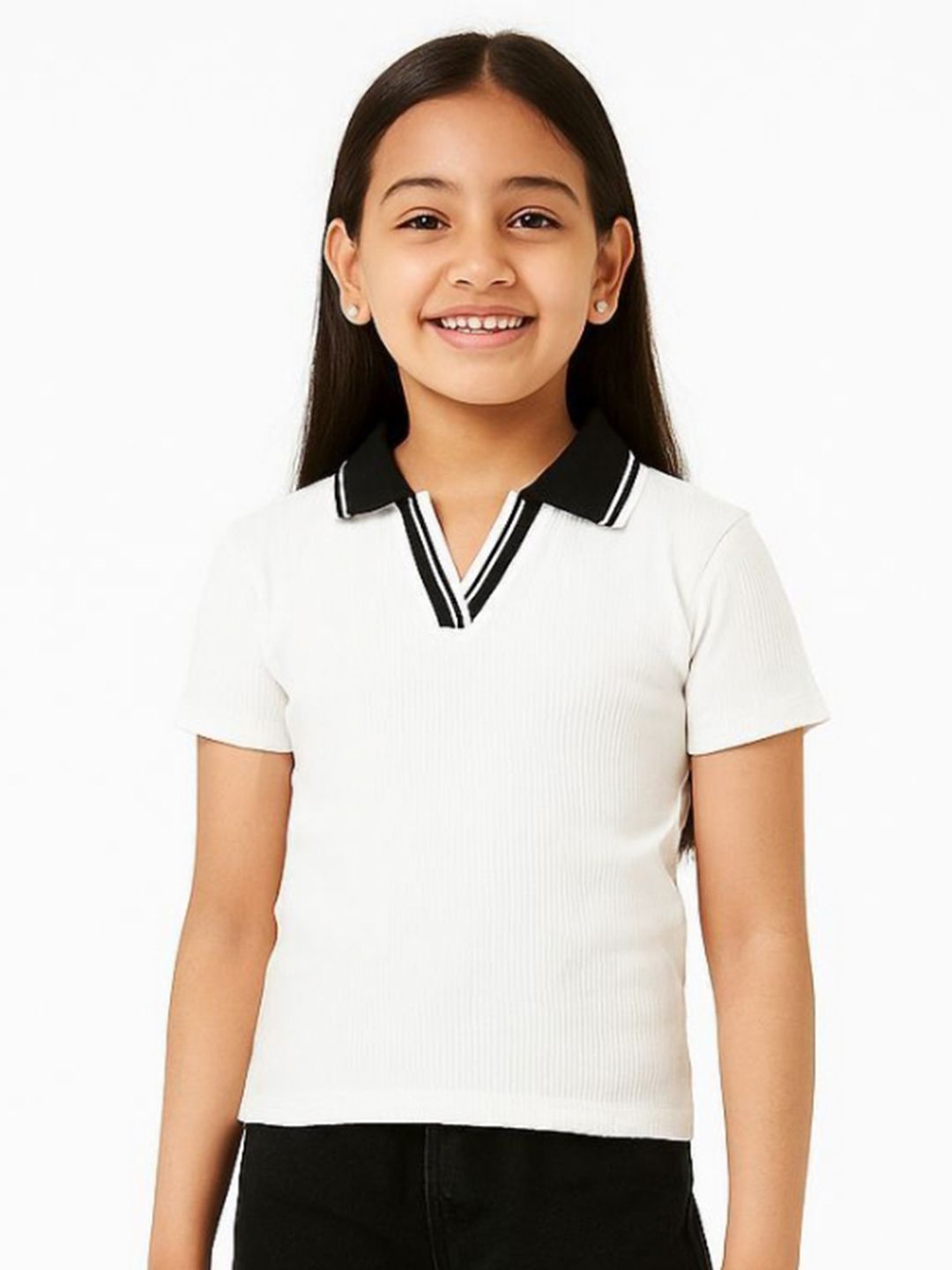 CHILINS Girls Self Design Polo Collar Pure Cotton T-shirt