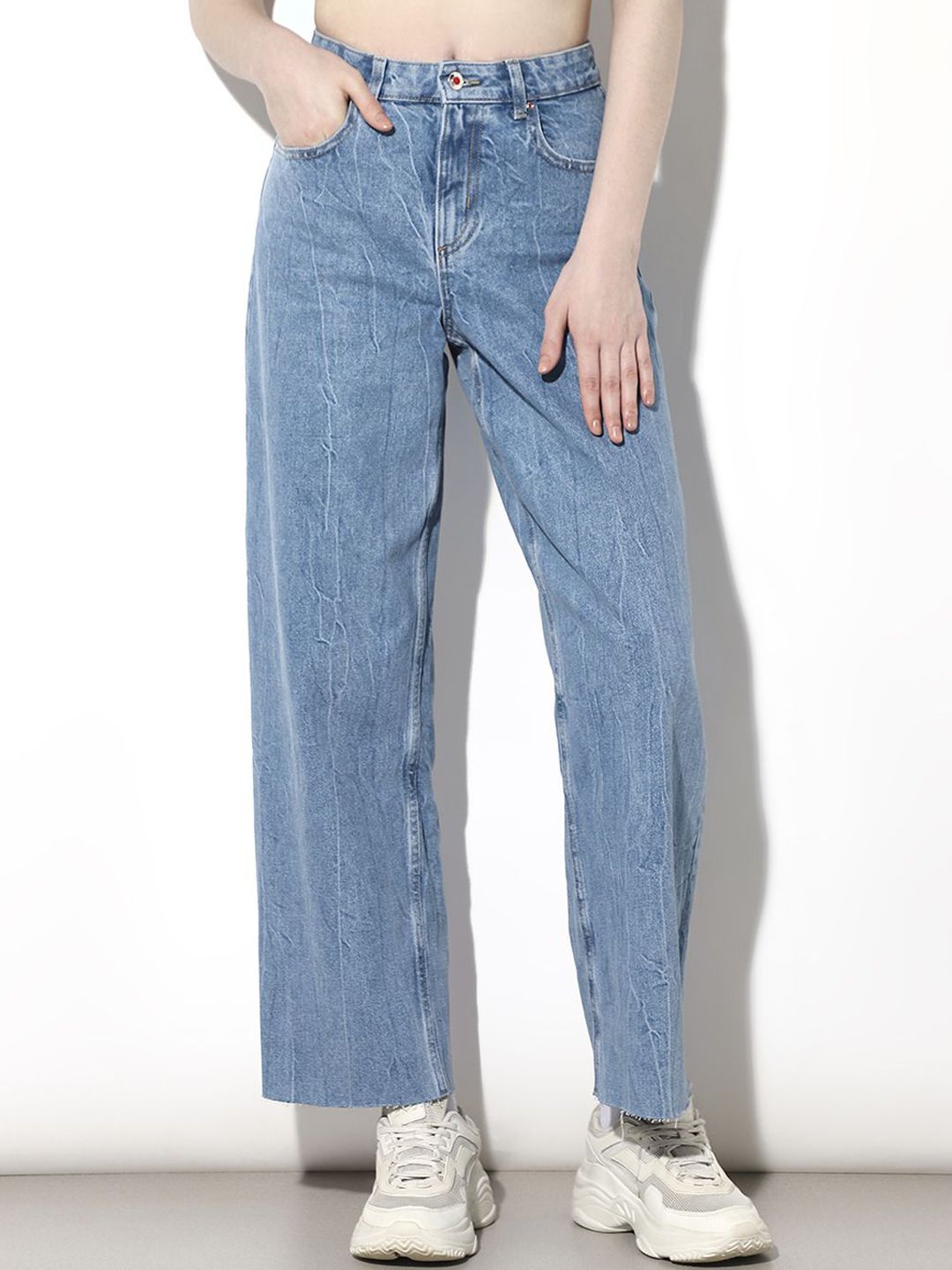 ONLY Women Straight Fit High-Rise Low Distress Heavy Fade Cotton Acid Wash Jeans