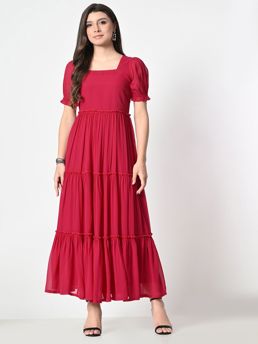 OTIRA Women Puff Sleeve Fit-Flare Maxi Dress