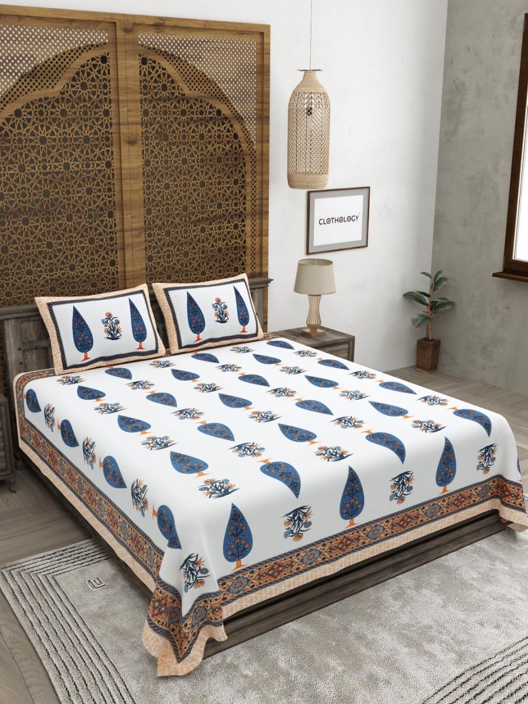 CLOTHOLOGY Ochre Indigo Mughal Cypress Bagh-e-Firdaus 180 TC Cotton King Bedsheet with 2 Pillow Cover