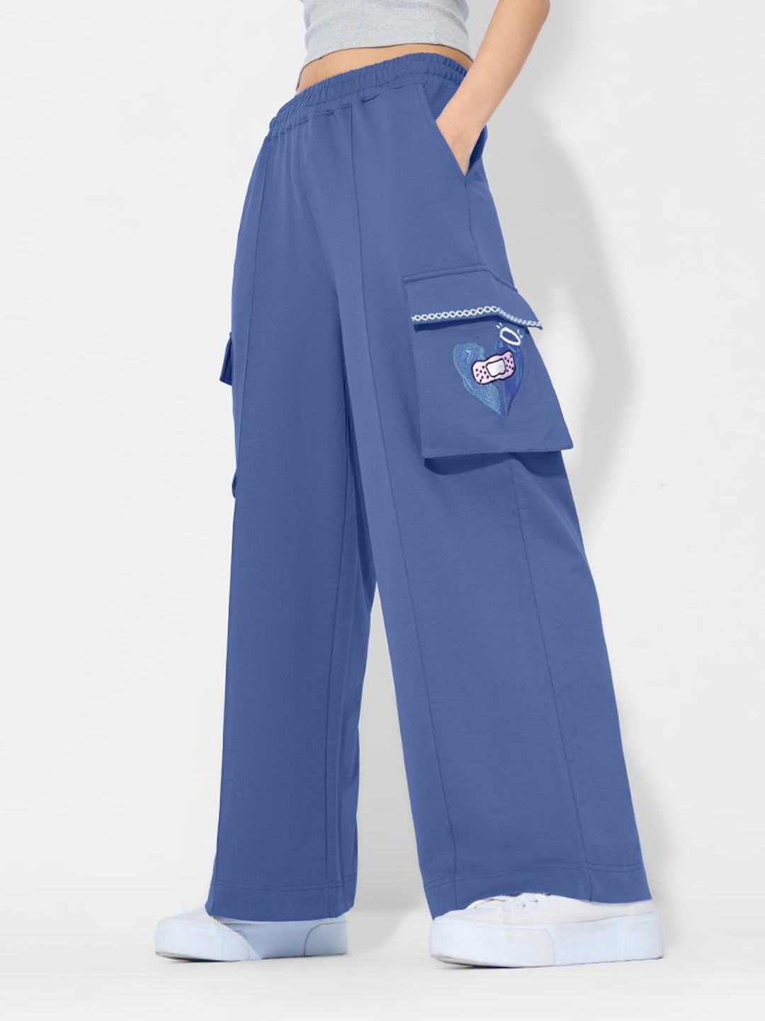 The Souled Store Angel Women Embroidery Cotton Flared Fit Cargo Joggers
