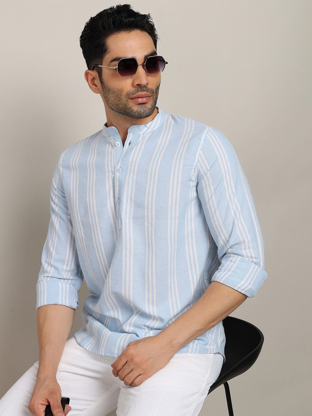 HERE&NOW Men Striped Woven Design Mandarine Collar Pure Cotton Kurta
