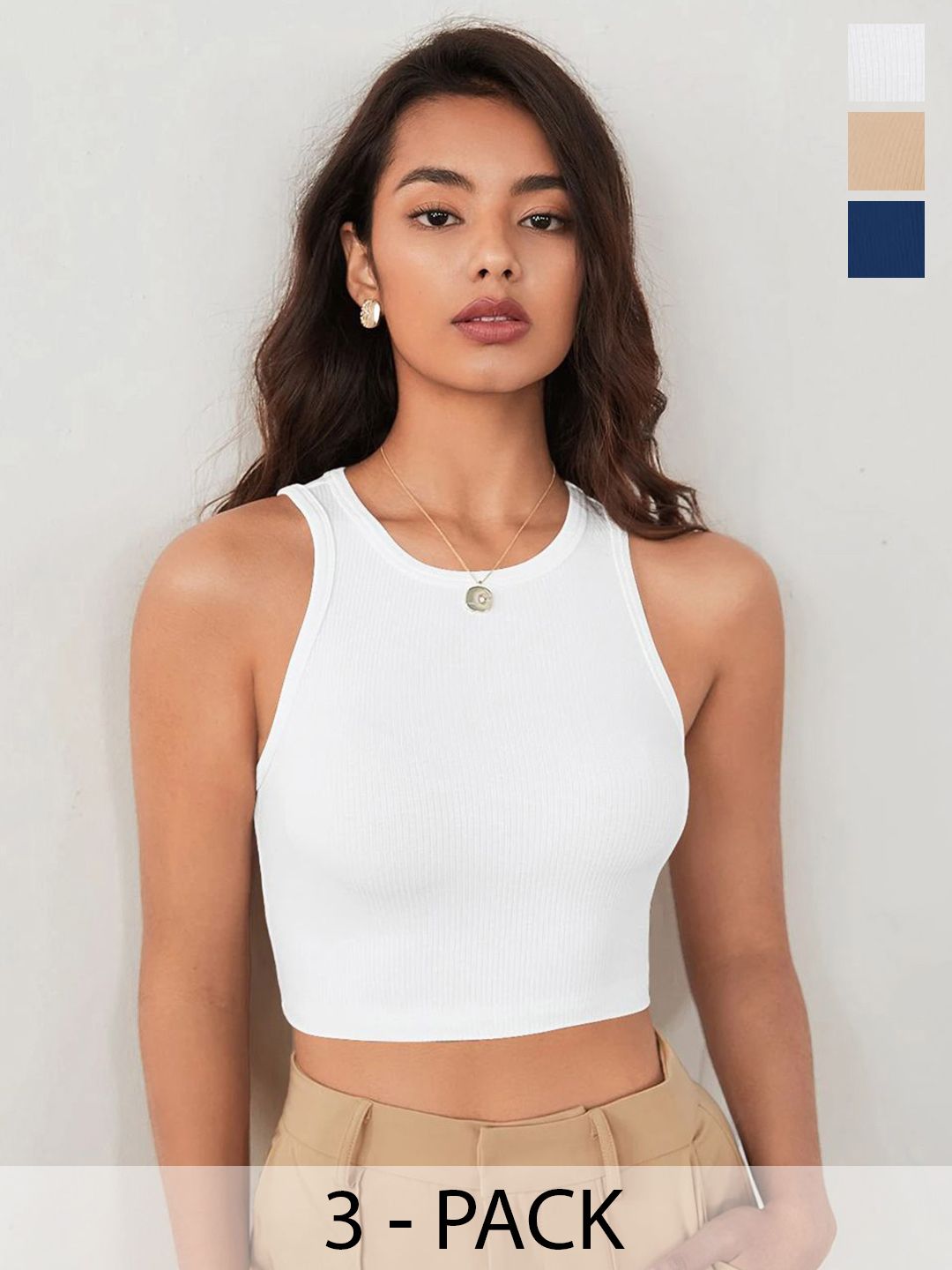 BAESD Women Pack of 3 Sleeveless Lycra Solid Tank Crop Top