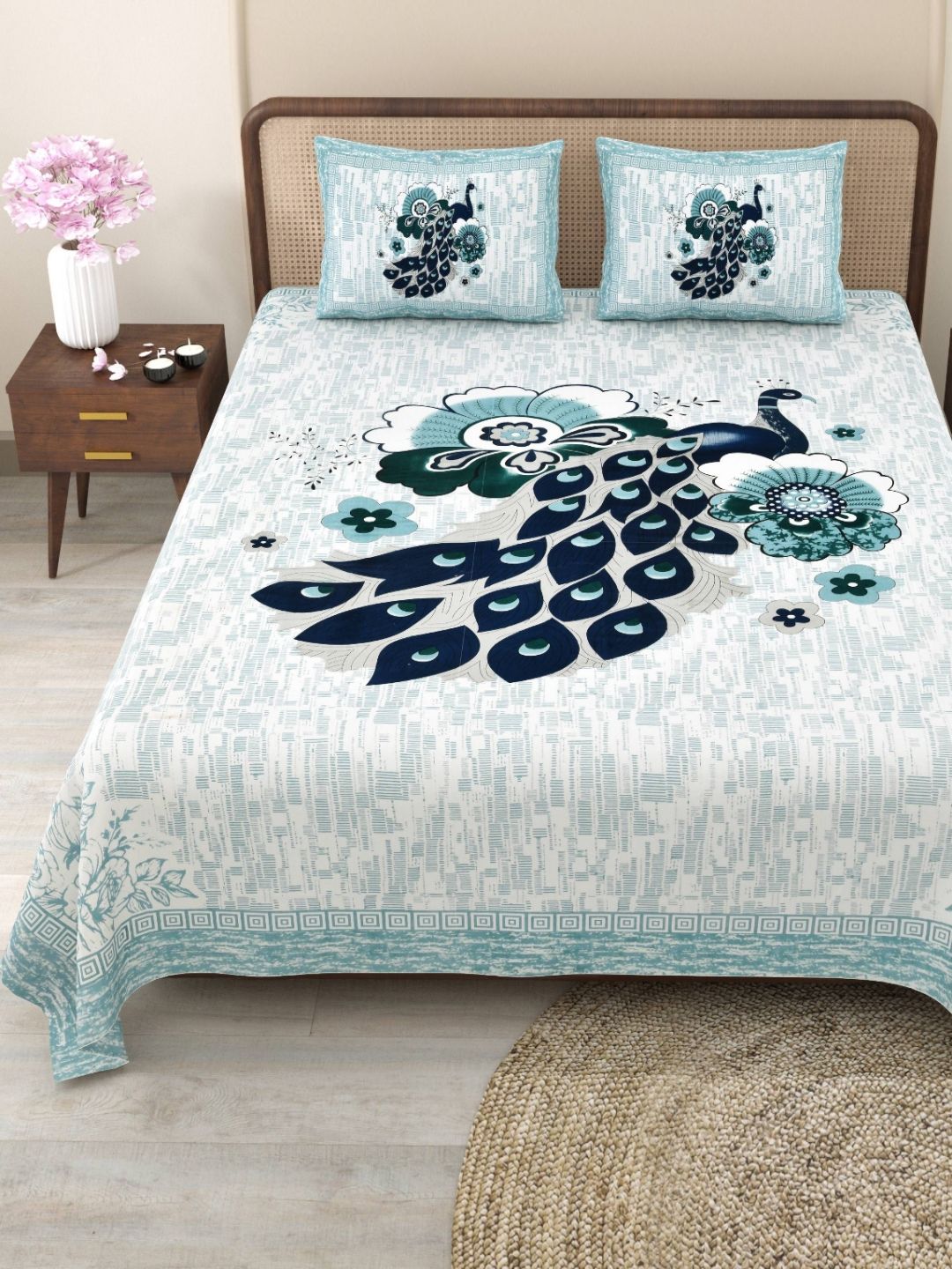 Myntra Elegant Homes Blue Printed Pure Cotton 180 TC King Bedsheet Set 2.75 x 2.25 m