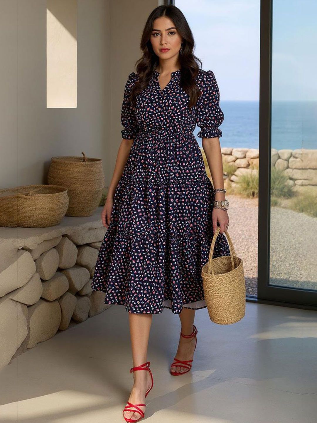 ZUMMER Women Ditsy Floral Printed Ruffled Tiered Crepe Fit & Flare Midi Dress