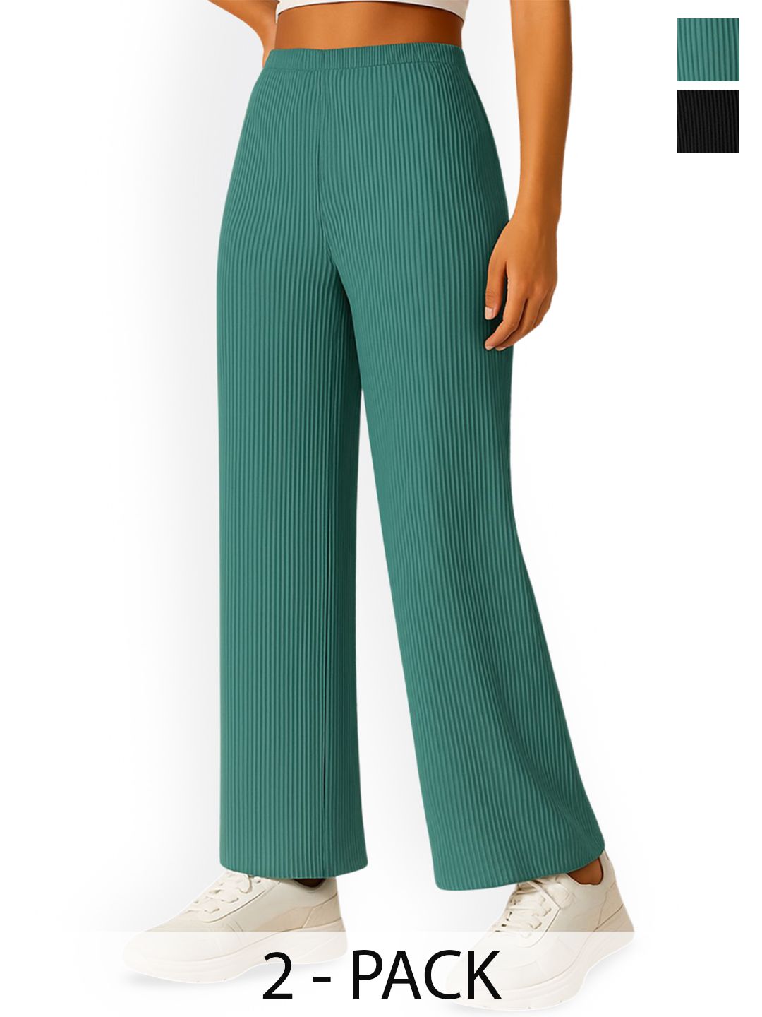 Fabflee Women Pack Of 2 Striped Comfort Straight Fit Trousers