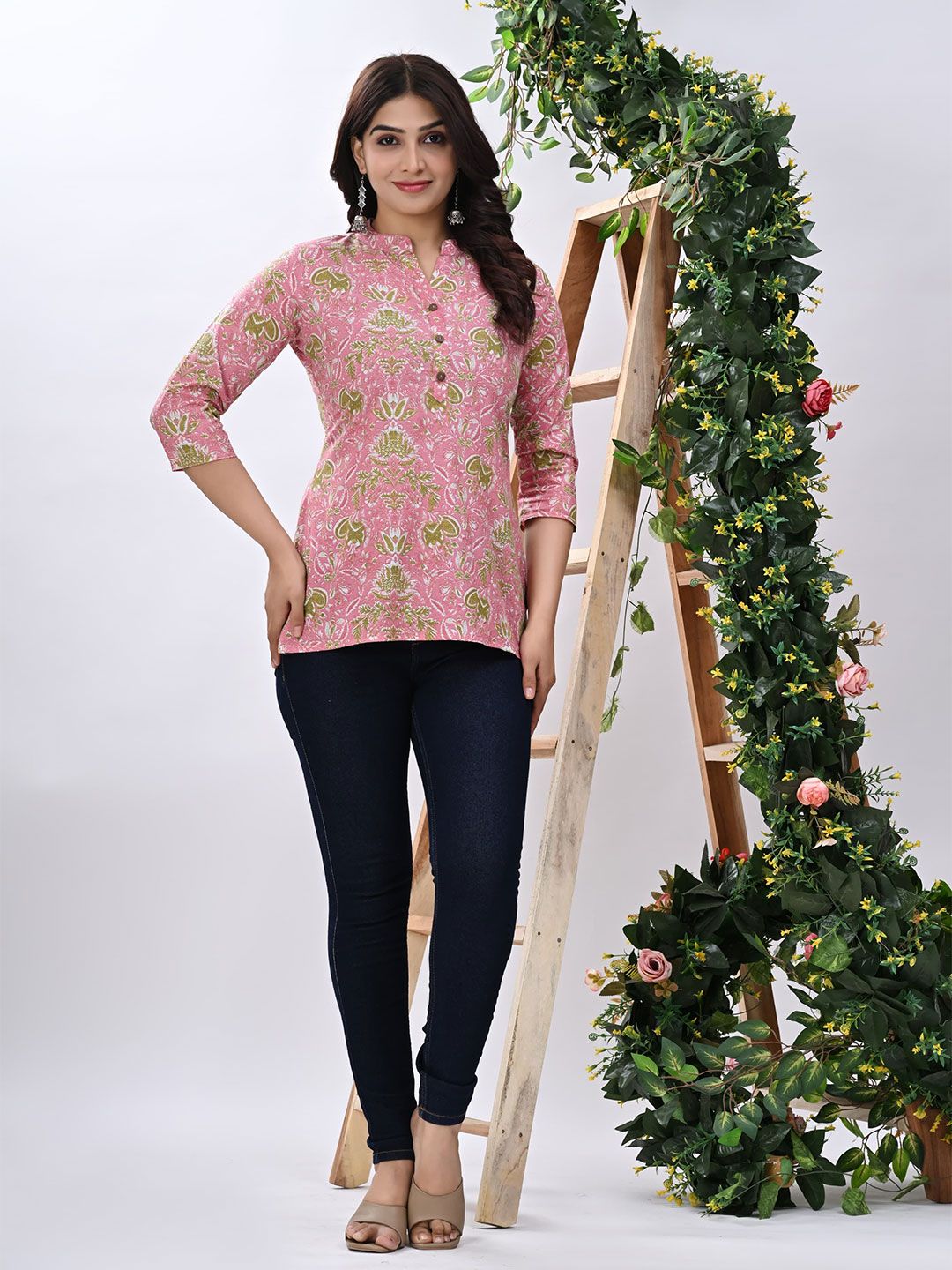 L.H HANDICRAFTS Floral Print Mandarin Collar Cotton Top