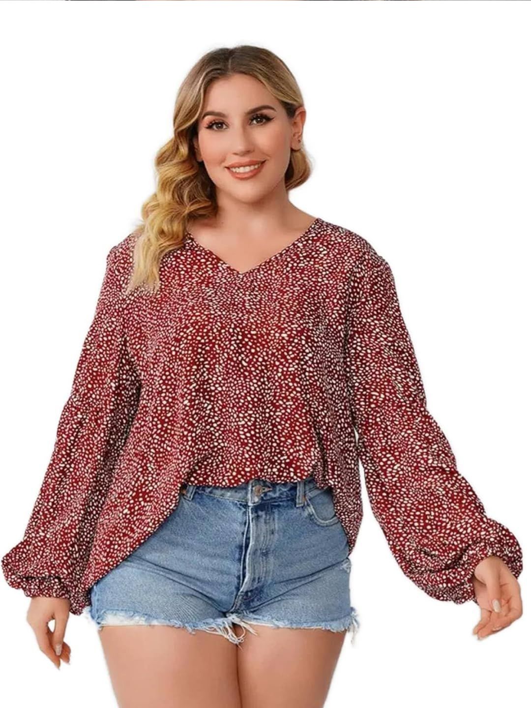 Stylecast X Kotty Women Plus Size V-Neck Printed Puffed Sleeve A-Line Top