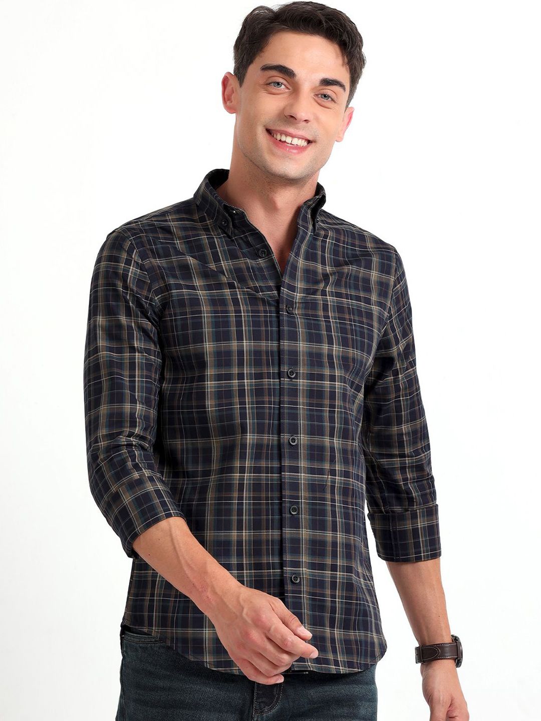 Espanshe Men Tartan Checked Button-Down Collar Pure Cotton Casual Shirt