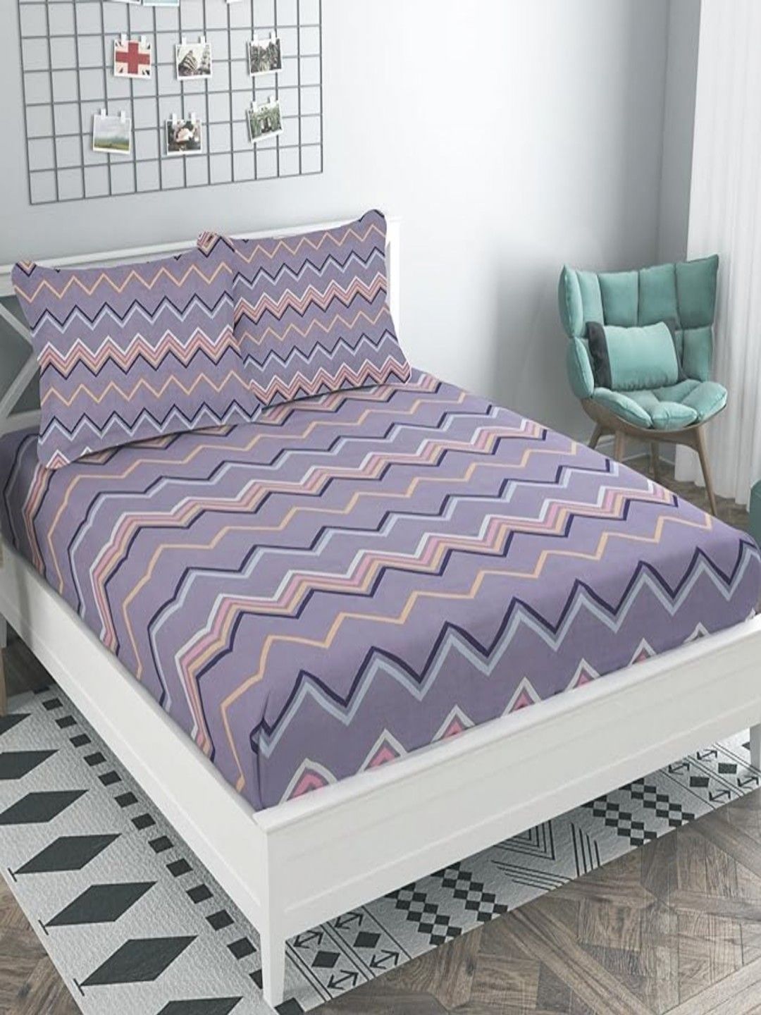 GADDA CO Purple & Pink Striped Premium Cotton 250 TC Queen Bedsheet Set- 1.98m x 1.82 m