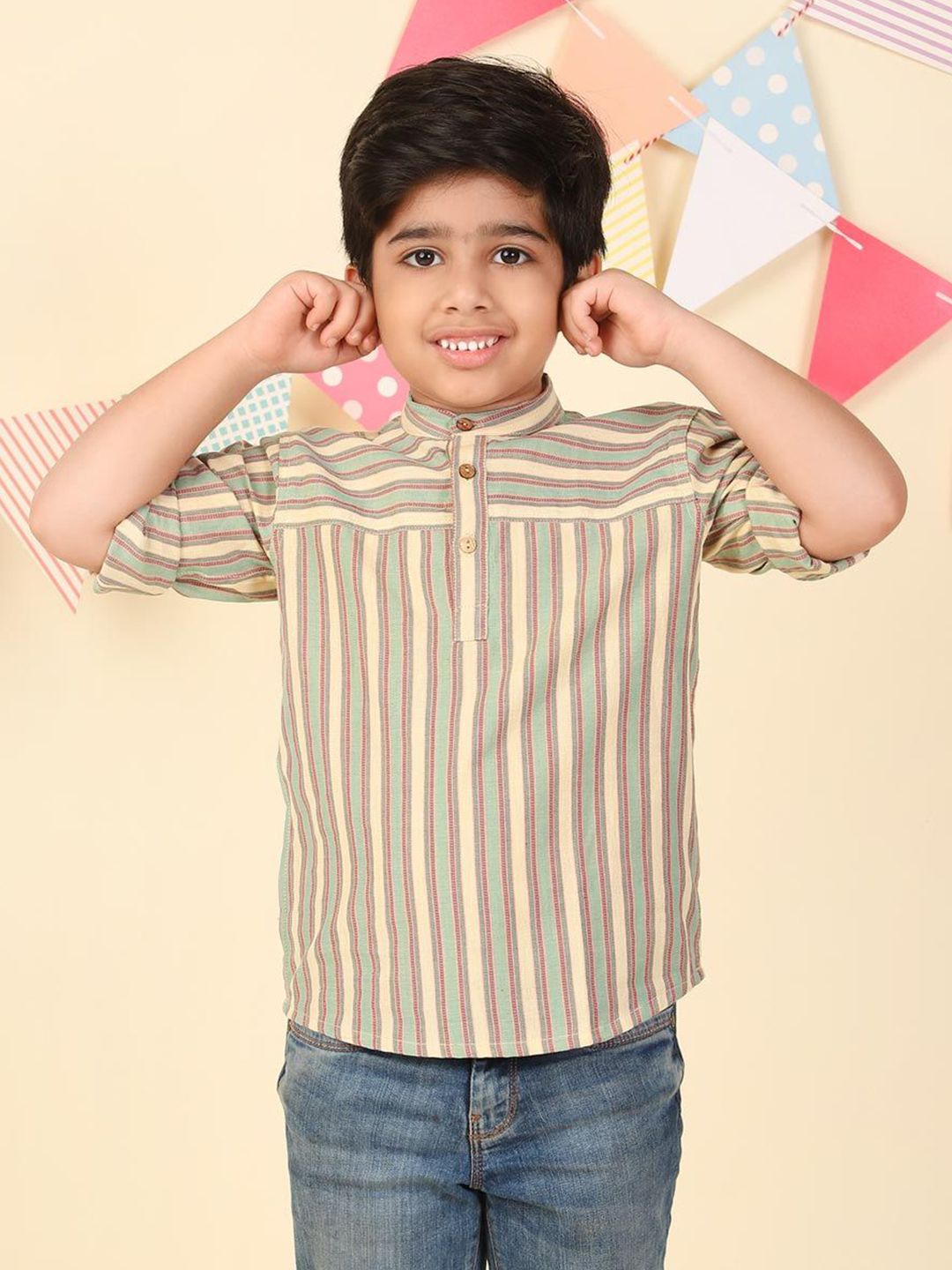 Fabindia Boys Striped Daily Cotton Straight Short Kurta