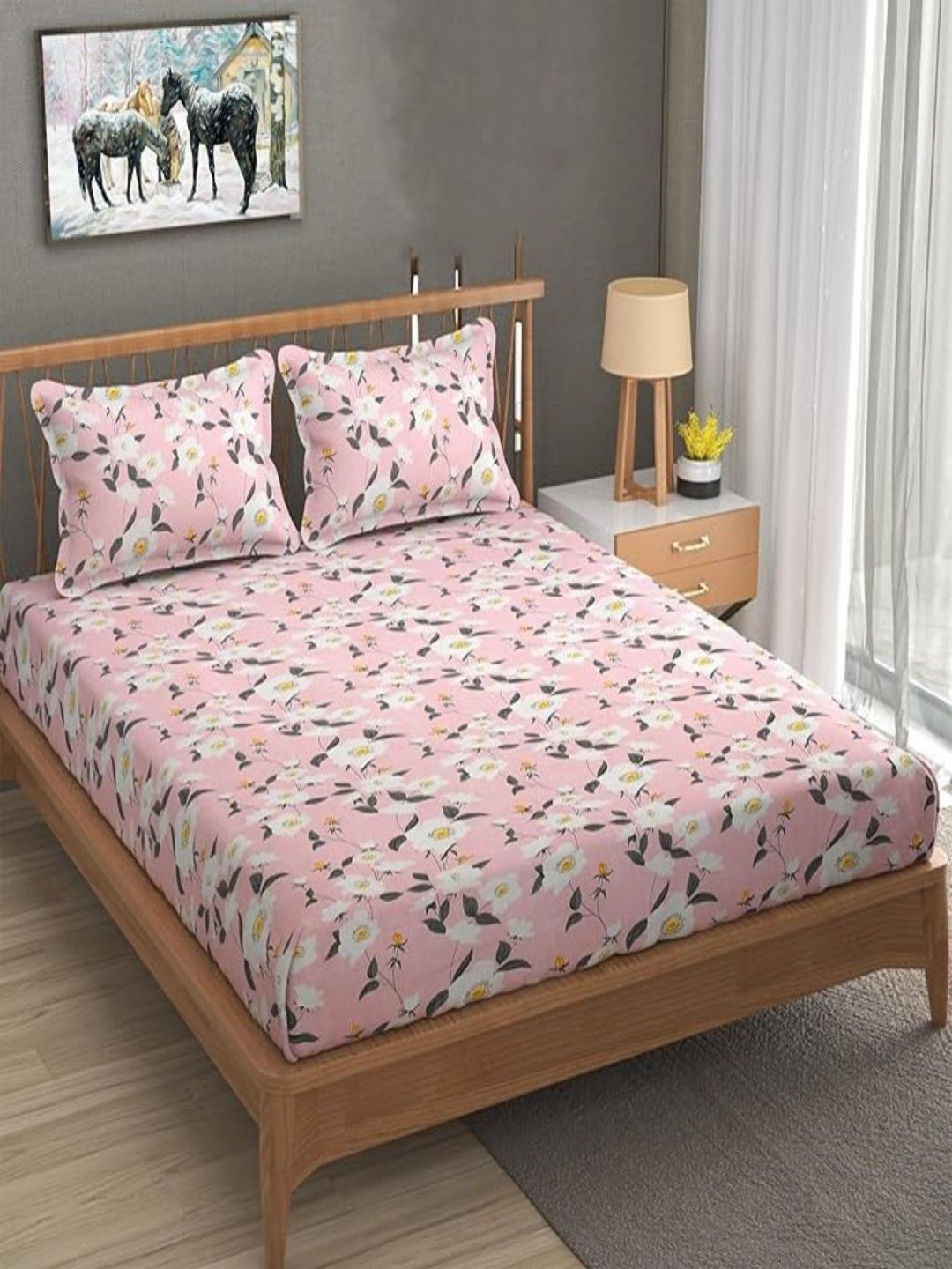 GADDA CO Pink & White Floral Premium 250 TC Cotton Queen Bedsheet With 2 Pillow Covers