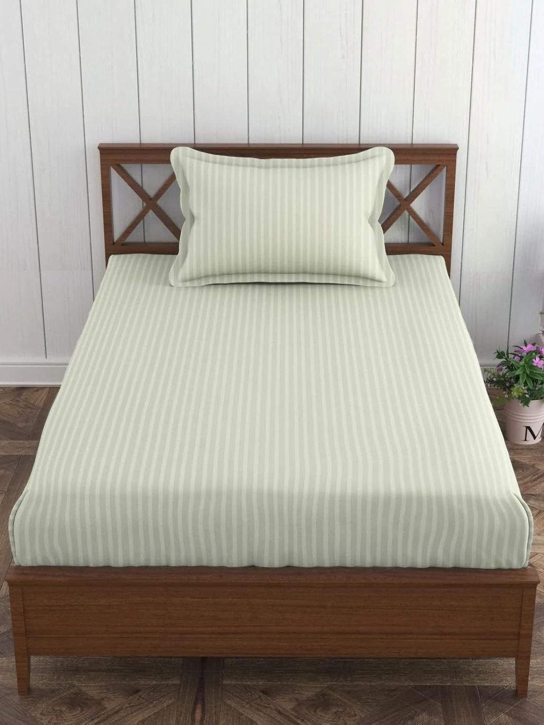 Trance Home Linen Cream Striped Pure Cotton 200 TC Single Bedsheet Set-1.98 m x 91 cm