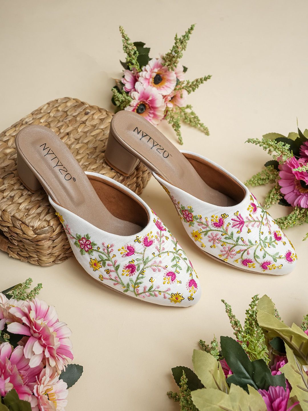 NYTY20 Women Woven Design Block Mules with Ethnic - Embellished