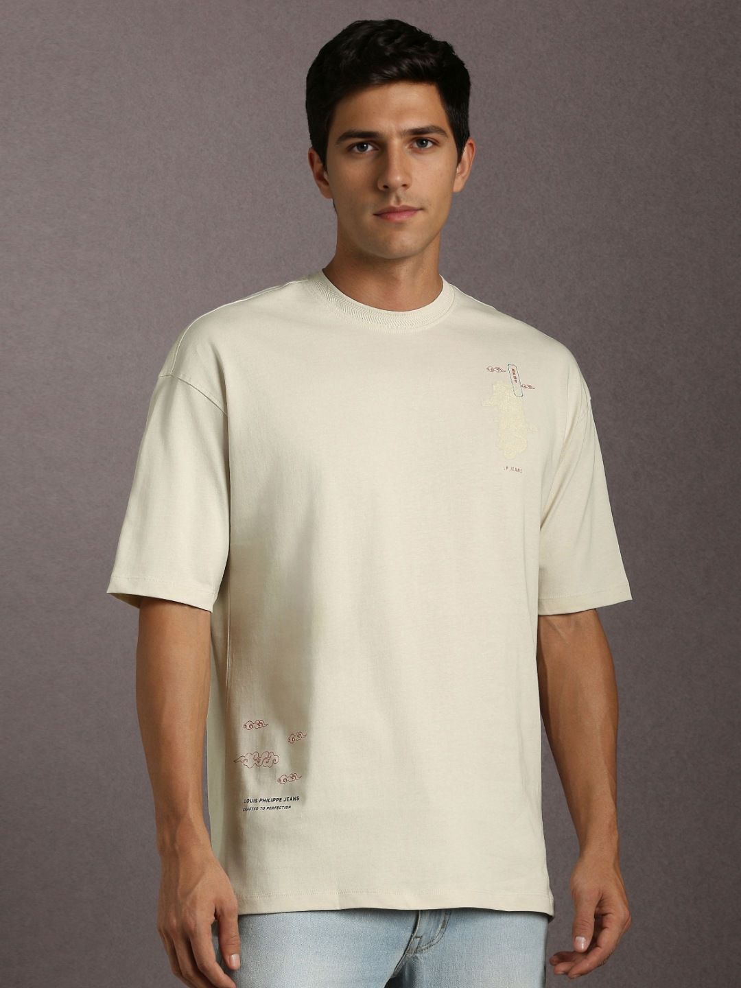 Louis Philippe Jeans Typography Printed Round Neck Drop-Shoulder Sleeves Cotton T-shirt