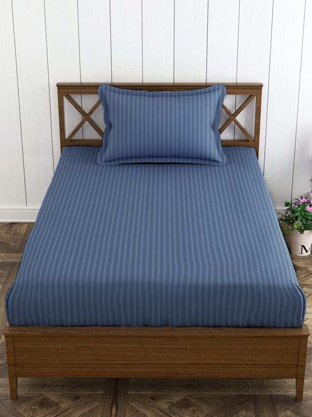 Trance Home Linen Blue Striped Pure Cotton 200 TC Single Bedsheet Set-1.98 m x 91 cm