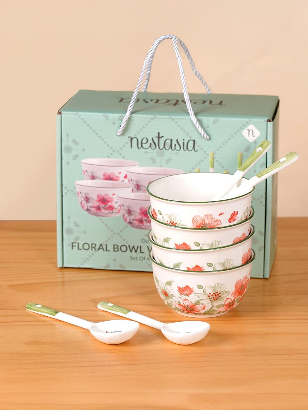 Buy Nestasia 4 Pcs Floral Ceramic Serving Bowl With Spoon Set   400ml (Red White Green) -  - Home for Unisex