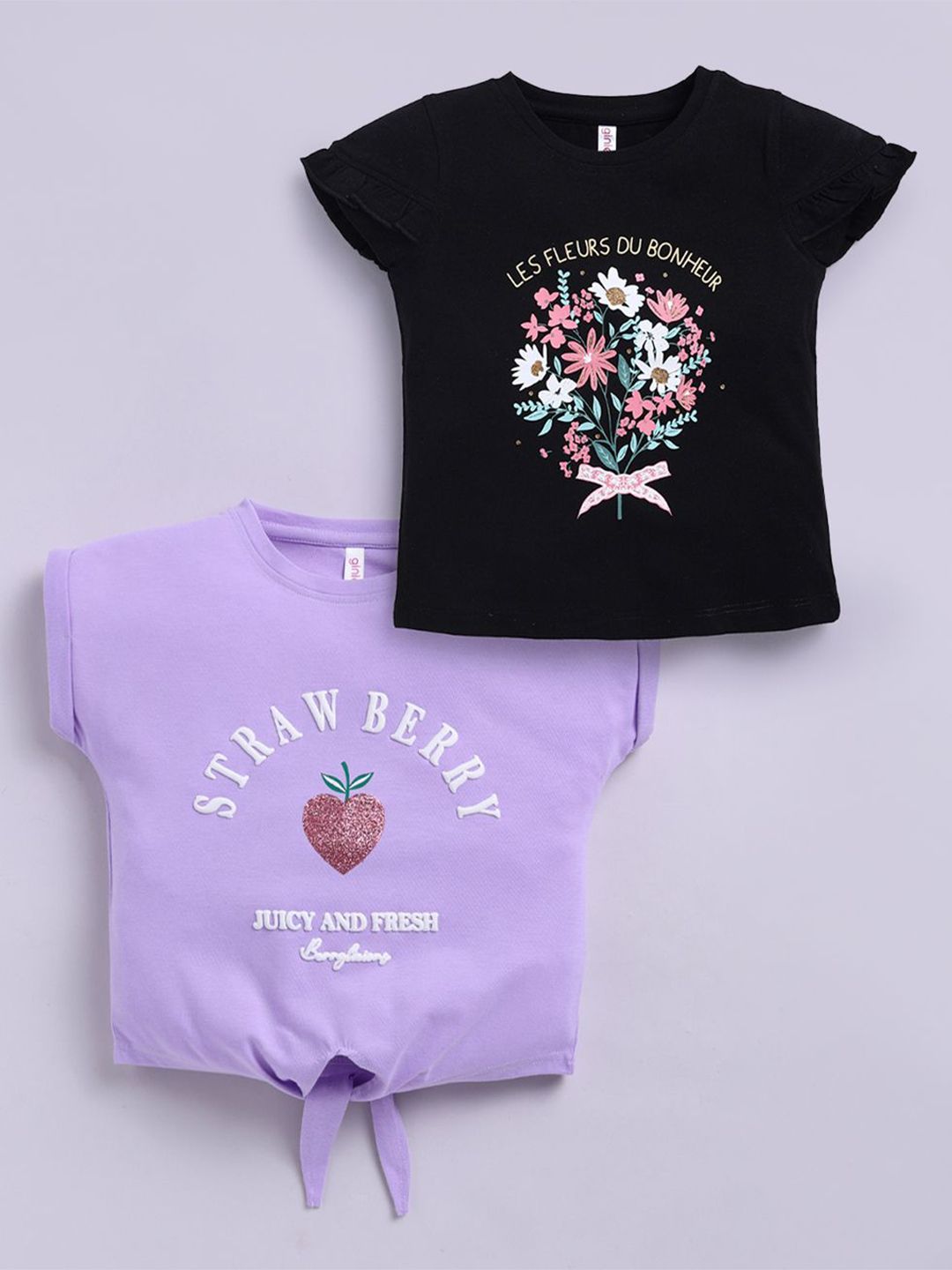 giniekids Girls Pack Of 2 Typography Print Round Neck Print Cotton Top