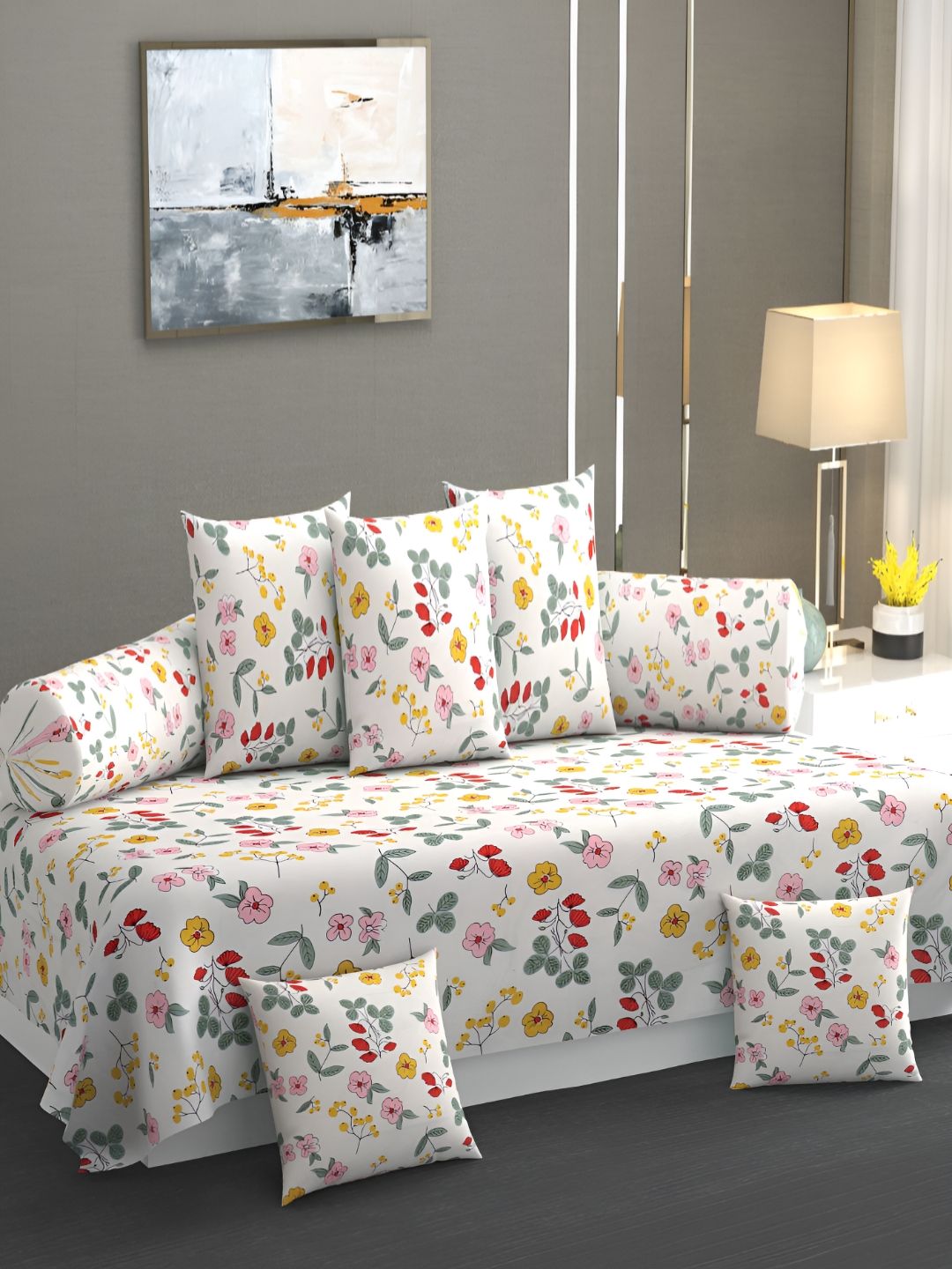 AMRANGE Set Of 8 Floral Printed Diwan Set