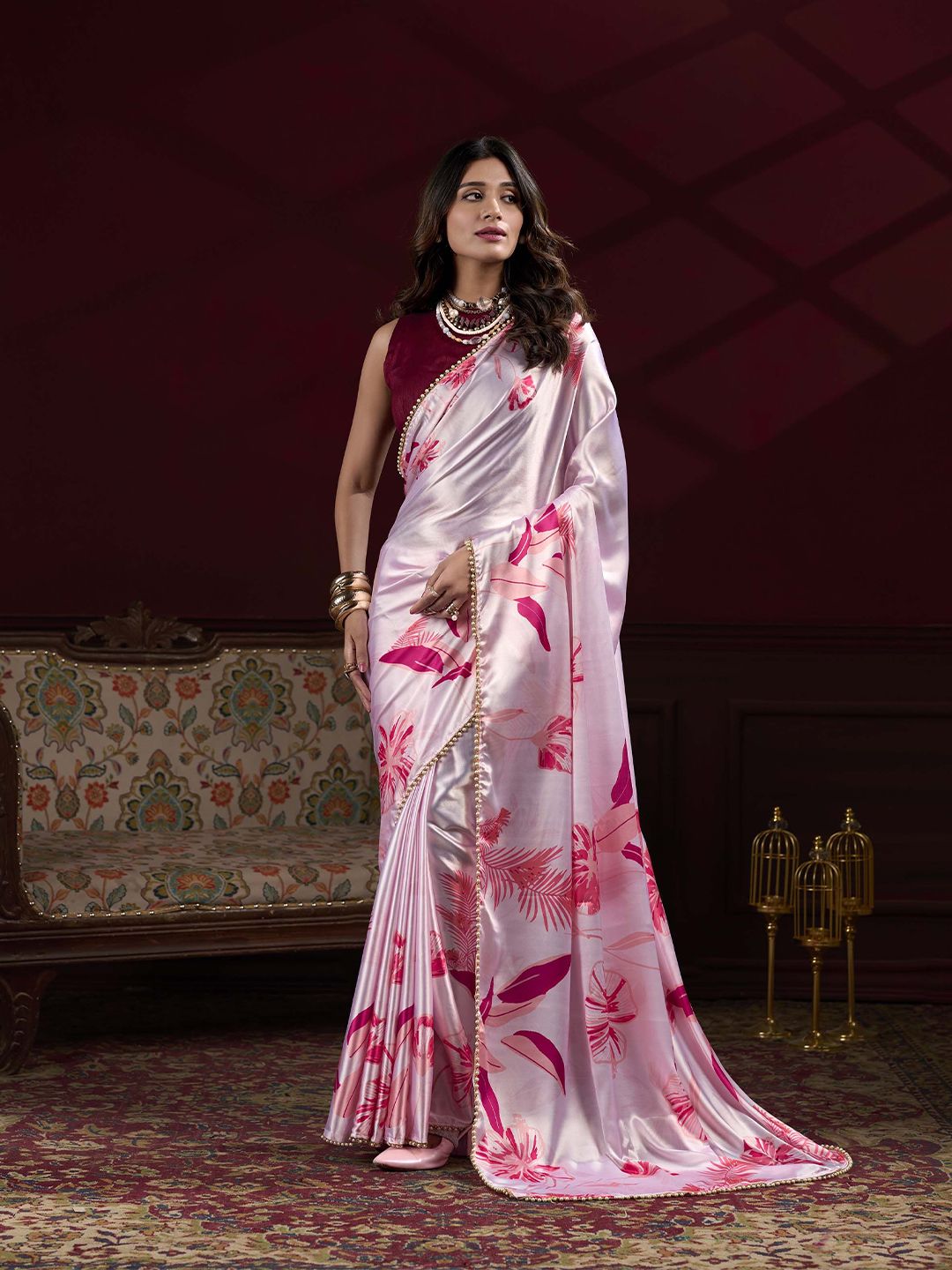 LOOKNBOOK ART Floral Printed Beads and Stones Saree