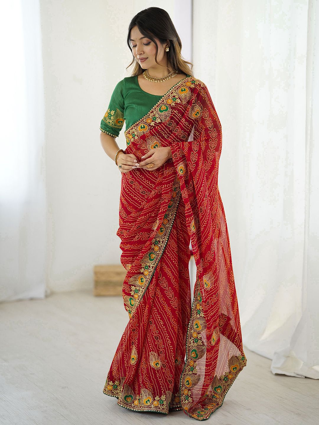 Satrani Printed Gotta Patti Bandhani Saree