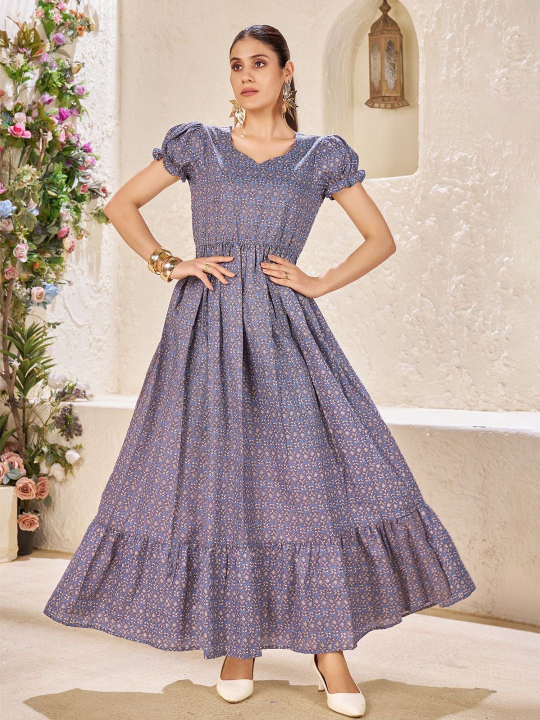 CHANSI Women Ethnic Motifs Print Sweetheart Neck Puff Sleeve Cotton Fit & Flare Dress
